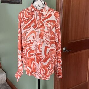 Olivaceous Vibrant Orange and White Swirl Top, Size M